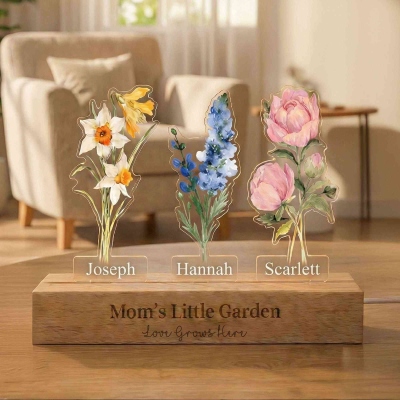 Custom Names Grandma’s Garden Birth Flower Shaped Acrylic LED Night Light with Wooden Base, Room Decor, Birthday/Mother’s Day Gift for Mom/Grandma