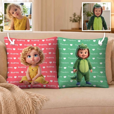 Personalized Cartoon Character Photo Soft Throw Pillow Cover with Name, Home Decor, Birthday Gift for Kid