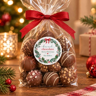 Custom Name Happy Holidays Homemade Food Bow Wreath Round Stickers, Jam Jar/Bakery Package/Treat Bag Labels, Christmas Gifts for Kids/Family/Friends