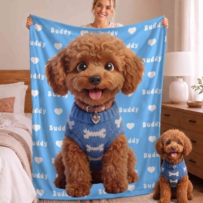 Personalized 3D-Effect Artwork Pet Photo Heart Print Soft Throw Blanket with Name, Home Decor, Birthday Gift for Pet Owners/Lovers