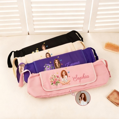 Personalized Birth Flower Cartoon Character Multi-Compartment Hair Tools Storage Bag with Name and Heat Resistant Mat, Birthday Gift for Women