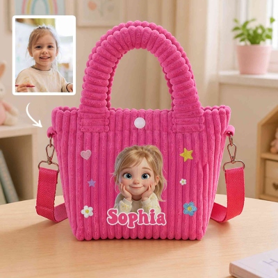 Personalized Cute Star Flower Cartoon Character Photo Corduroy Kid Crossbody Bag with Name, Birthday/Back to School Gift for Girls