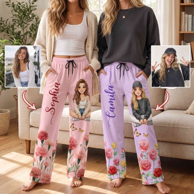 Personalized Birth Flower Watercolor Comic Style Photo Soft Pajama Pants with Name, Home Wear, Birthday Gift for Women/Men