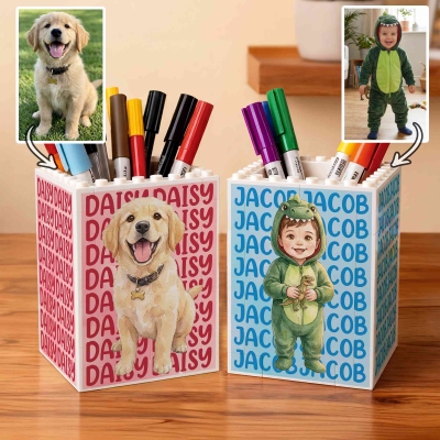 Personalized Watercolor Cartoon Photo Building Blocks Brick Pen Holder with Name, Daily Use, Desk Decor, Birthday Gift for Kid