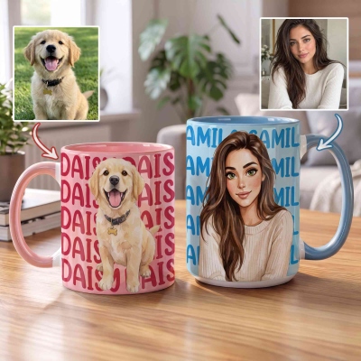 Personalized Watercolor Cartoon Character Photo 11 oz 15 oz Ceramic Mug with Name, Birthday/Christmas Holiday Gift for Pet Lovers/Family/Friends