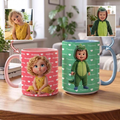 Personalized Cartoon 3D-Effect Artwork Character Photo 11 oz 15 oz Ceramic Mug with Name, Daily Use, Christmas/Birthday Gift for Kids