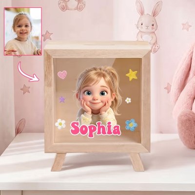 Personalized 3D-Style Art Cartoon Kid Photo Wooden Piggy Bank Money Box with Name, Clear Window, Desk Decor, Birthday Gift for Kids