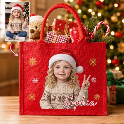 Personalized Watercolor Christmas Hat Cartoon Character Photo Large Jute Tote Bag with Name, Christmas Party Gift for Kids