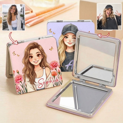 Personalized Birth Flower 3D-Style Character Artwork PU Makeup Mirror with Name, Anniversary/Birthday Gift for Women/Wife/Sister