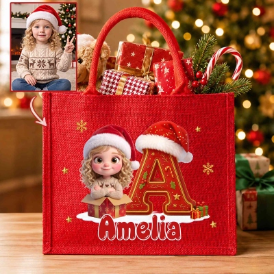 Personalized 3D-Effect Artwork Cartoon Character Photo Red Jute Tote Bag with Name and Initial, Christmas Gift for Family/Kids