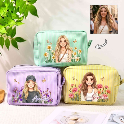 Personalized Birth Flower Cartoon Character Multicolor Stripes Makeup Bag with Name and Zipper, Travel Essentials, Birthday Gift for Women/Friends