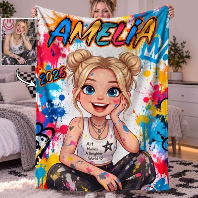 Personalized Graffiti-Style Photo Cartoon Character Soft Throw Blanket with Name, Home Decor, Birthday/Anniversary Gift for Family/Friends/Teens