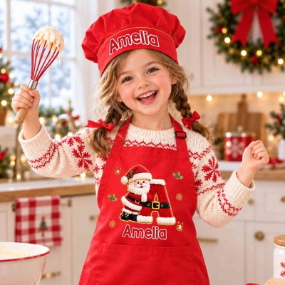 Custom Name Santa Claus/Snowman/Reindeer/Elf Alphabet Child’s Apron Set, Chef Hat & Adjustable Apron with Pocket, Christmas Gift for Kids/Boys/Girls
