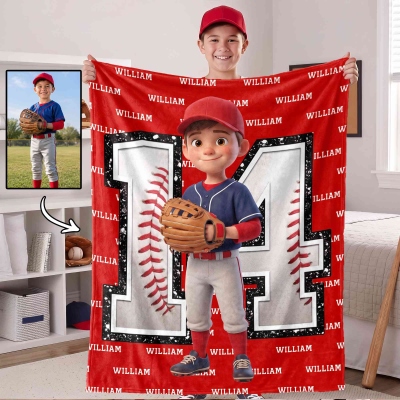 Personalized 3D-Effect Artwork Cartoon Character Photo Soft Throw Blanket with Name, Home Decor, Birthday/Anniversary Gift for Sports Fans/Athletes