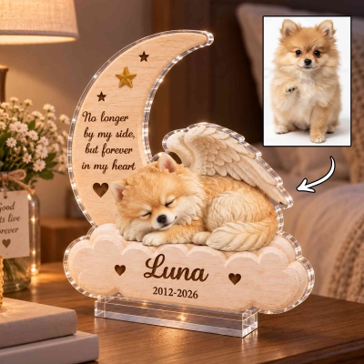 Personalized 3D-Style Artwork Angel Wing Pet Photo Moon Cloud Layered Acrylic Decoration with Name and Year, Home Decor, Sympathy Gift for Pet Owners