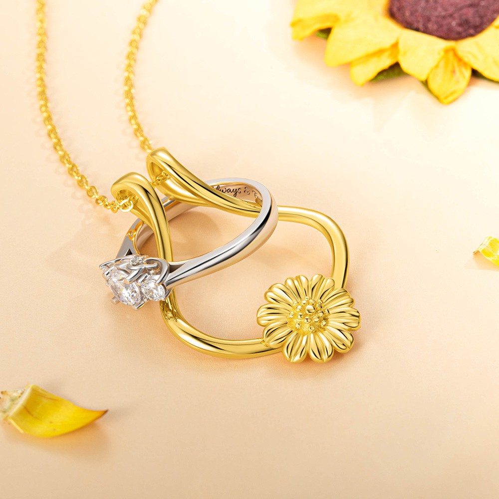 Ring Holder Necklace, Sterling Silver Ring Keeper with Sunflower, Engagement Wedding Ring Necklace Holder, Gift for Wife Girlfriend