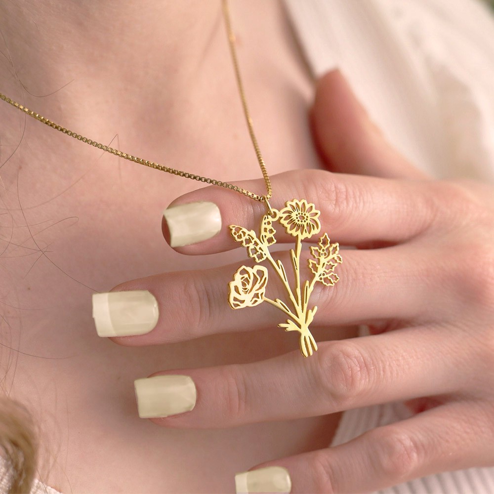 Custom Combined Birth Flower Bouquet Necklace for Mother's Day, Birth Flower Bouquet Necklace for Grandma, Birth Flower Family Necklace for Mom