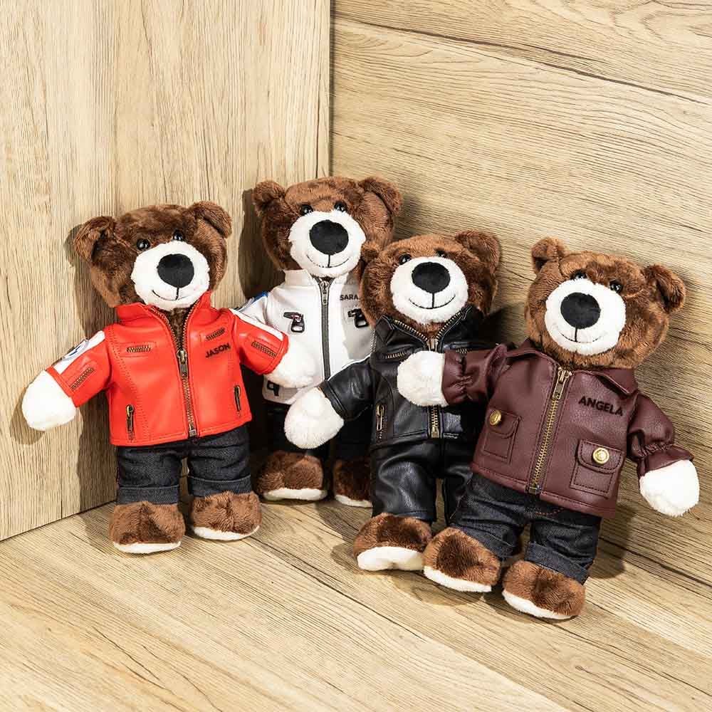 Poupée de jouets d'ours de moto, mini ours de moto avec des jouets de casque, ours de coureur avec le nom personnalisé, cadeau d'ours de tenue de motard de cavalier pour des amis