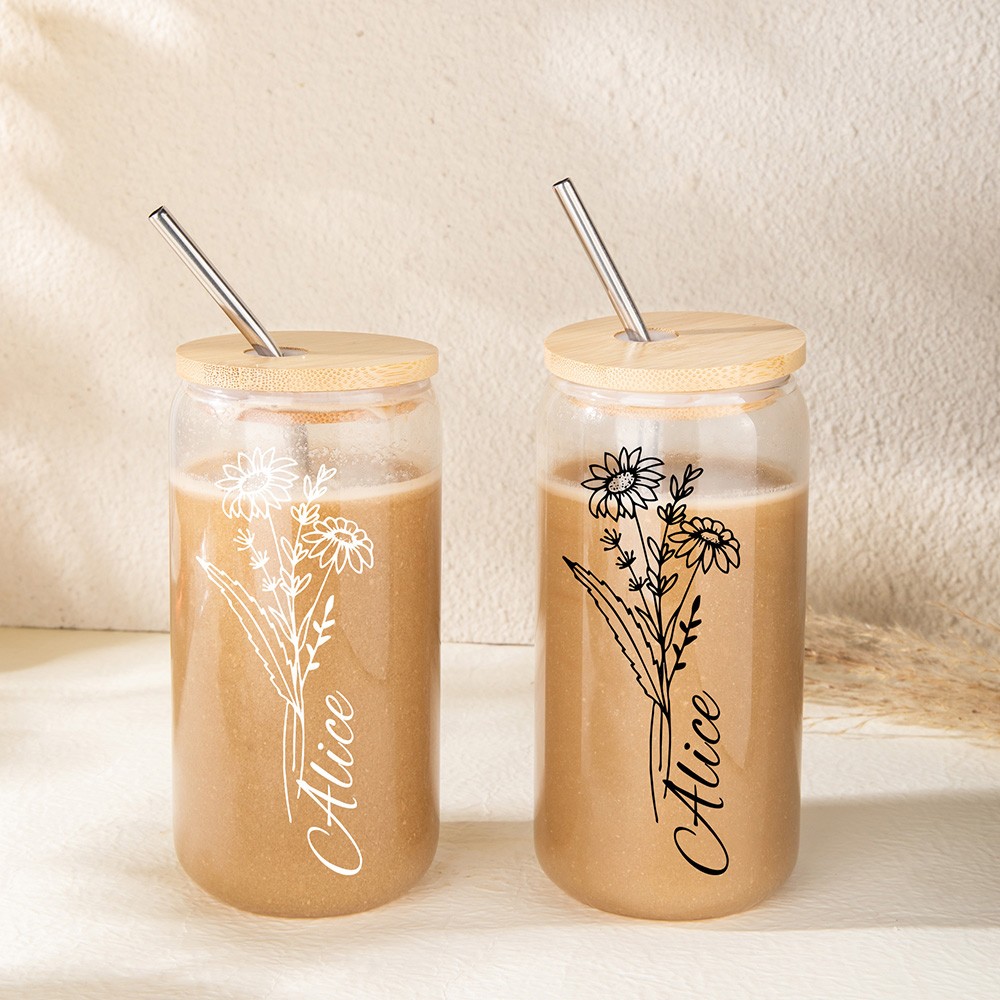 Personalized Birth Flower Iced Coffee Cup, Custom Name Glass, Tumbler with Lid and Straw, Bridesmaid Proposal Box Idea, Wedding Favor, Gift for Her