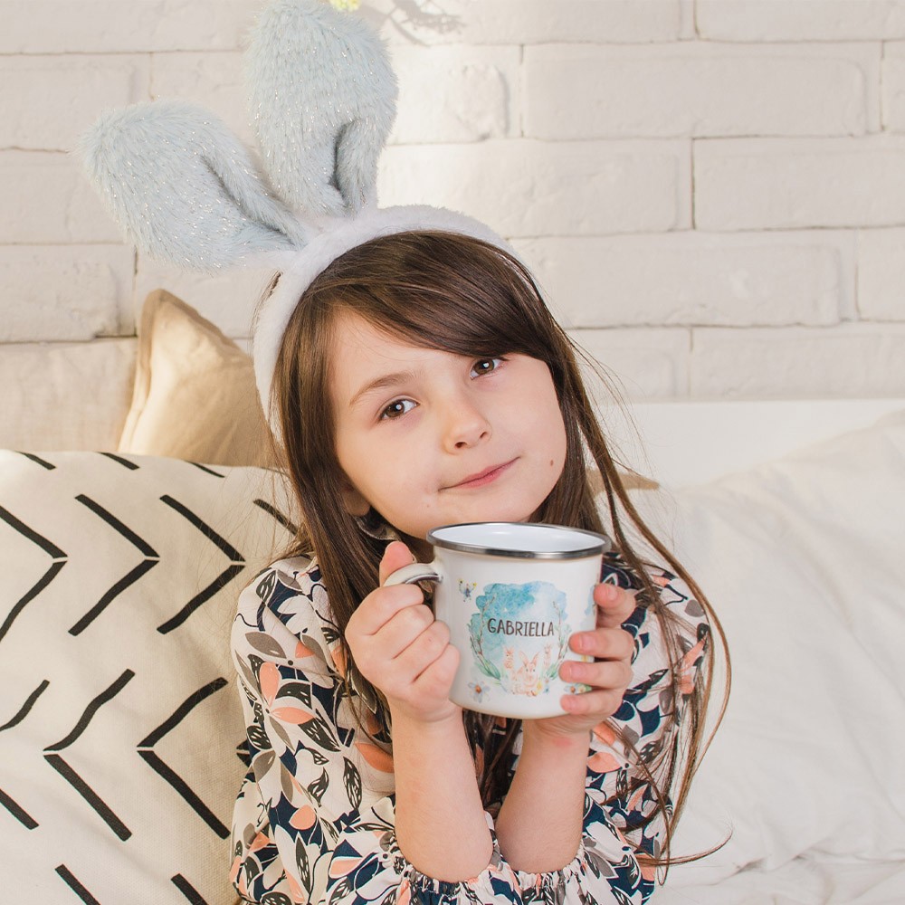 Personalized Easter Bunny Enamel Mug for Easter Gifts, Easter Decorations with Watercolour Bunnies, Custom Name Mug, Stainless Steel Mug