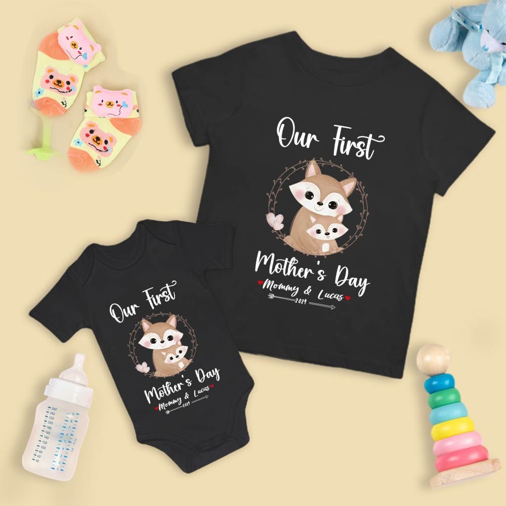 Our First Mother's Day Mom and Baby Set/Matching Shirt, Mummy and Baby Gift, Mama Baby Foxes, T-shirt Bodysuit Romper Babygrow Vest Set, New Mom Gift, Mother's Day Gift