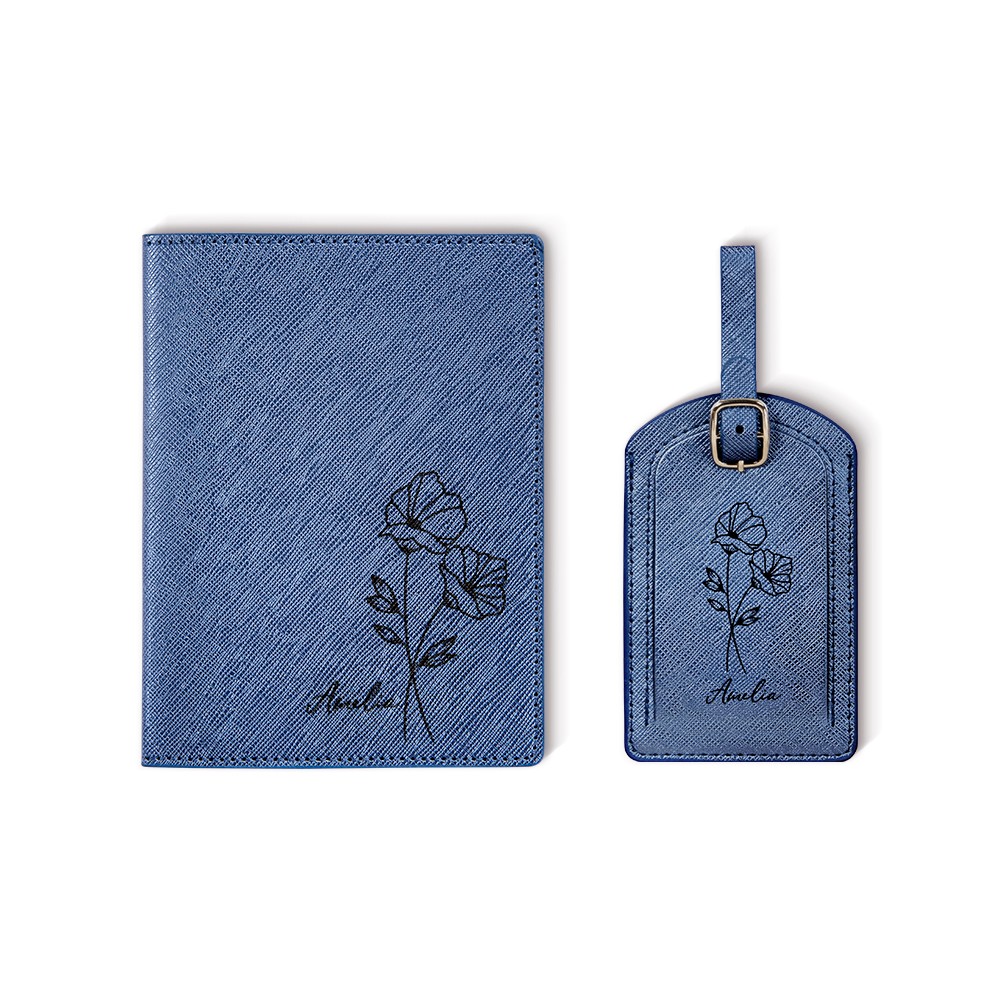 Custom Name Birthflower Bouquet Passport Holder, Leather Luggage Tag Cover, Card Holder with Coin, Travel Gift, BFF Gift, Birthday Gift for Women/Girl