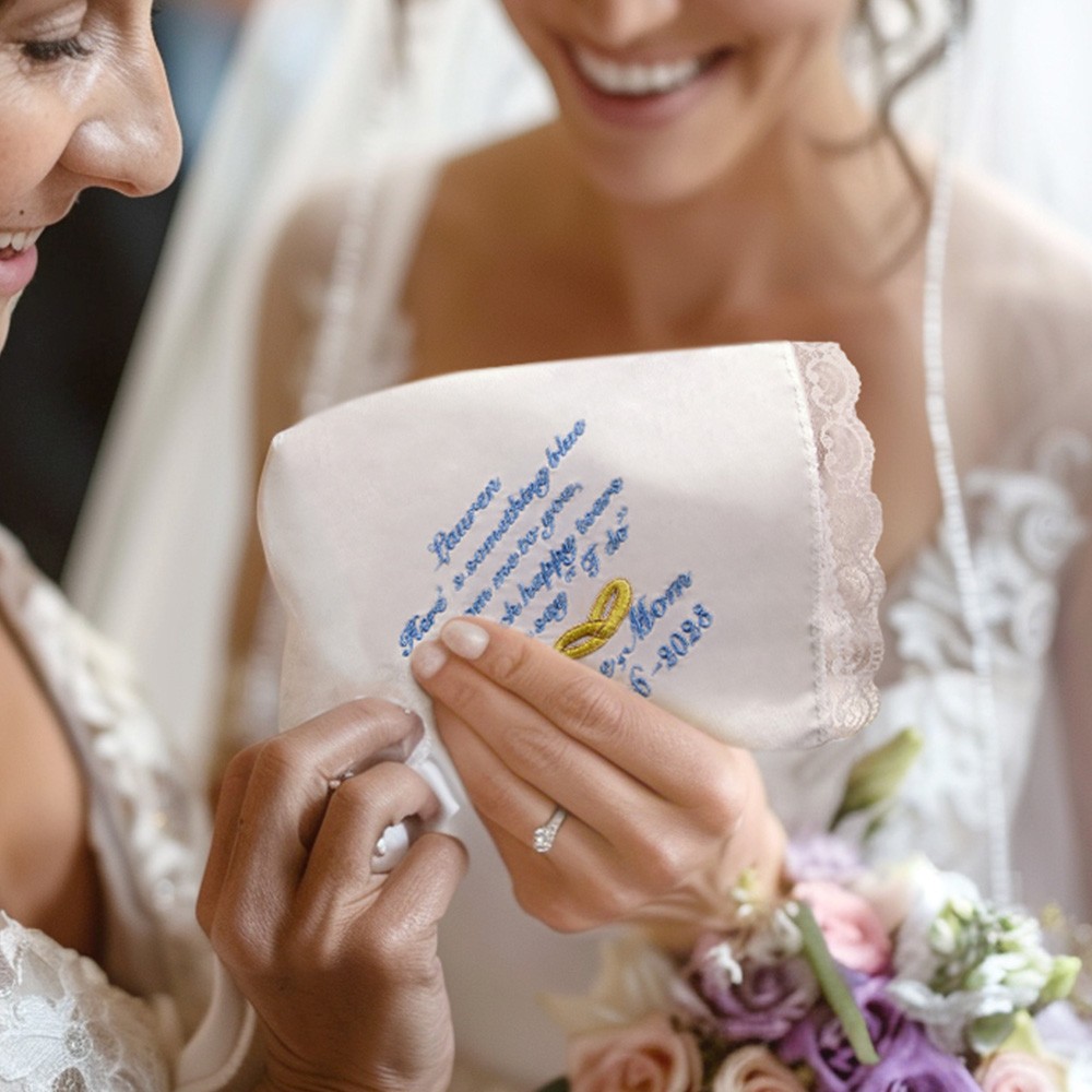 Personalized Cotton Embroidered Wedding Lace Handkerchief with Name and Date, Something Blue, Wedding Gift from Mom to Daughter