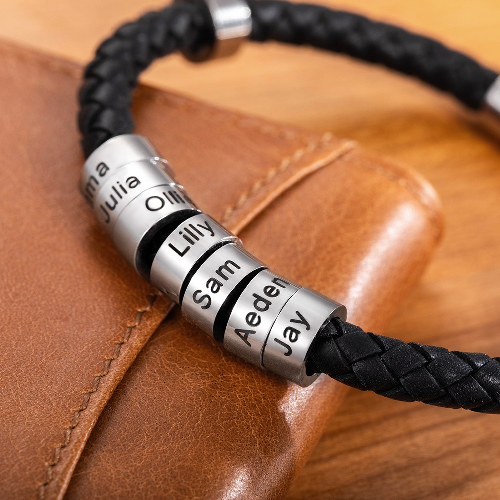 Personalized 1-8 Beads Braided Bracelet, Name Bracelet, Artificial Leather Men's Bracelet, Father's Day, Gifts for Father/Husband/Boyfriend