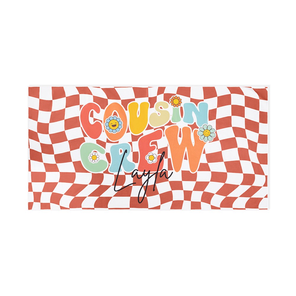 Personalized Name Cousin Crew Colorful Plaid Beach Towel, Perfect for Family Outings