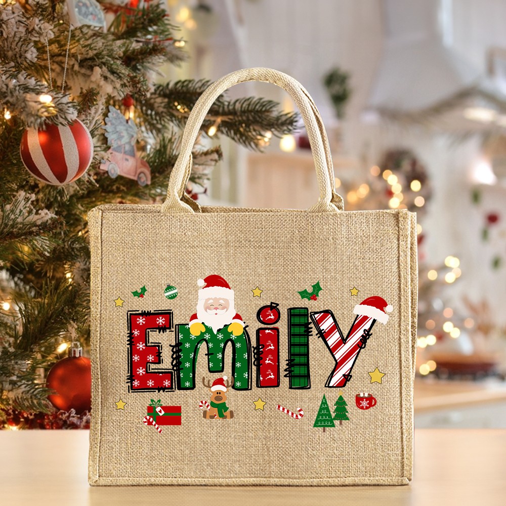 Personalized Name Christmas Tree Santa Burlap Tote Bag, Large Capacity Jute Bag, Shopping Bag, Holiday Party Favor, Christmas Gift for Mom/Family/Kids