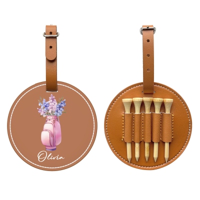 Personalized Name Birth Flower Cart Bag Golf Tees Holder with 5 Tees, Women's Leather Golf Bag Tag, Golf Accessories, Gift for Golfers/Coaches/Team