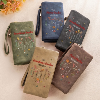 Custom Names & Birth Flowers Grandma's Garden Tri-Fold Wallet, Leather Wallet Card Holder with Wrist Strap, Birthday/Mother's Day Gift for Mom/Grandma