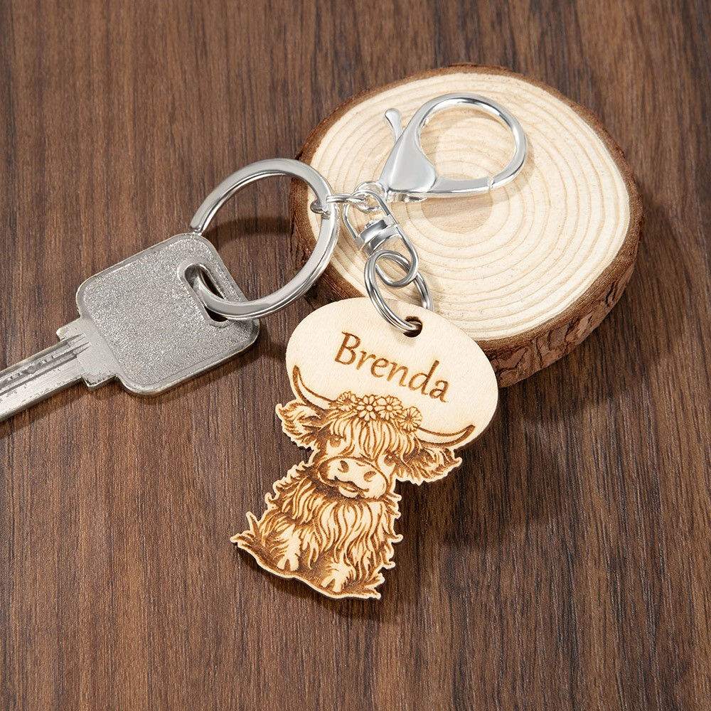 Highland Cow Wooden Keychain