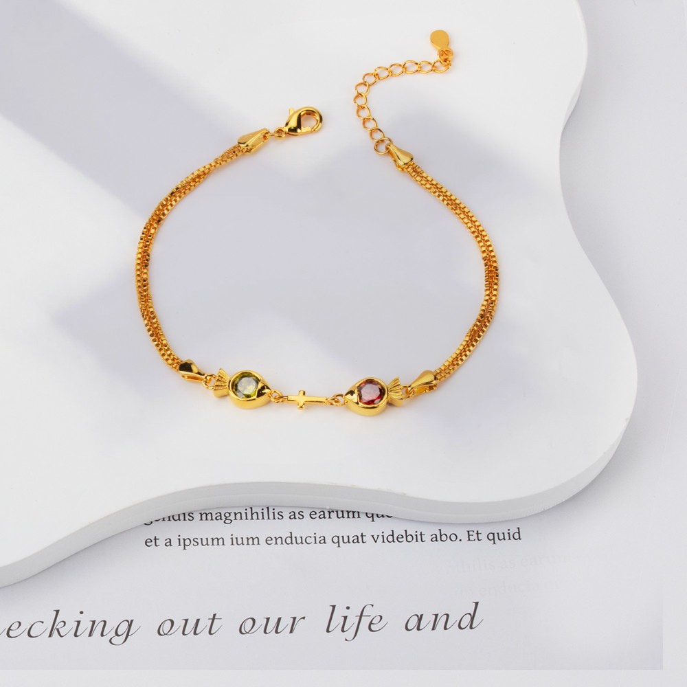 Personalized Double Fish Cross Birthstone Bracelet, Customizable Faith and Blessing Jewelry, Unique Birthday or Special Occasion Gift