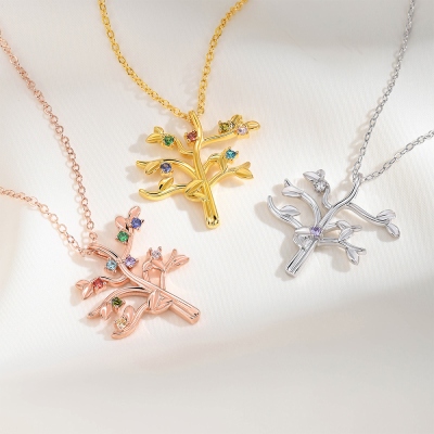 Collier arbre généalogique personnalisé avec pierres de naissance, bijou familial délicat en argent sterling 925, cadeau d'anniversaire/fête des mères pour elle/maman/grand-mère