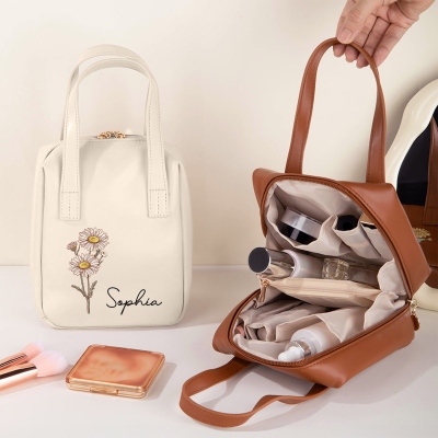 Personalisierter Name Geburtsblume Mini Schminktäschchen mit Fächern, Reise-Kulturtasche aus PU-Leder, Kosmetiktasche mit Henkel &amp; Reißverschluss, Geschenk für Frauen