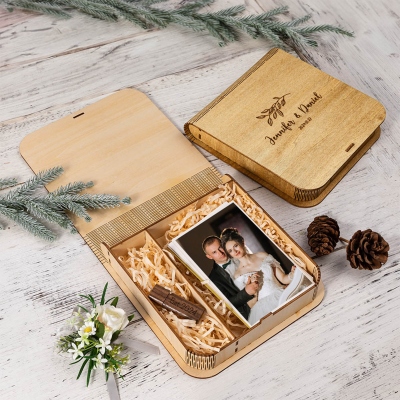 Custom Engraved Wedding Photo Box & USB Flash Drive 3.0, Wooden Box for 4x6 Pictures & Wedding Film Video USB Drive, Wedding Gift for Newlyweds/Couple