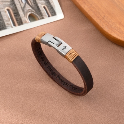 Unisex-Kreuz-Lederarmband für Männer, personalisiertes Geschenk für Ehemann, Jahrestag, Vater, gravierter religiöser Schmuck für ihn, Männer-Armbänder