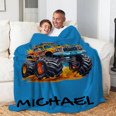 Personalized Name Giant Truck Blanket, Flannel/Sherpa Soft Bed Couch Throw, Bedroom Home Decor, Birthday/Christmas Gift for Kids/Teens/Boys