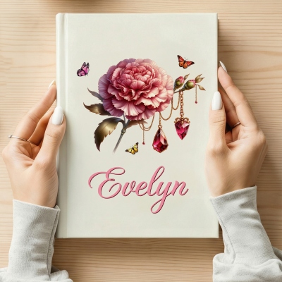 Personalized Name Birthstone Birth Flower Notebook, Multicolor A5 Hardcover Journal, Birthday/Mother's Day Gift for Students/Colleagues/Mom/Women