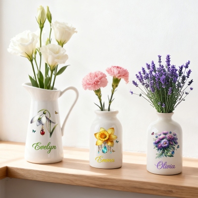 Personalized Birthstone Birth Flower Vase with Name, Floral Ceramic Mug Vase, Home Decor, Birthday/Anniversary/Mother's Day Gift for Her/Mom/Grandma