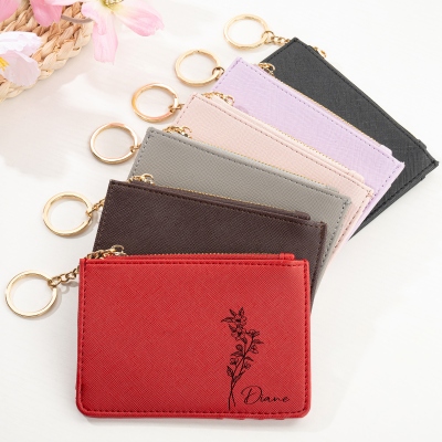 Personalisierter Kartenhalter mit Geburtsblume und Namen, Monogramm-Geldbörse aus veganem Leder, Damen-Geldbörse, Muttertags-/Brautjungfern-Geschenk für Frauen