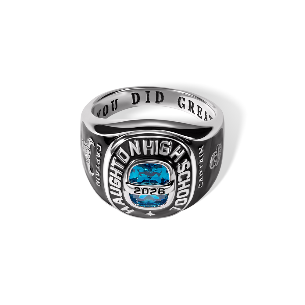 Custom Birthstone Class Ring with Engraved Text, High School