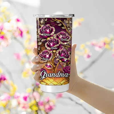 Personlig 3D-effekt rosblommande dricksglas med 1-10 namn, rostfritt stål 350 ml vattenflaska, daglig användning, födelsedagspresent till mamma/mormor/familj