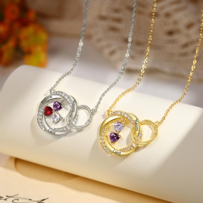 Custom Heart Birthstone Interlocking Necklace with Name, Sterling Silver 925 Circles Family Necklace, Birthday/Mother's Day Gift for Her/Mom/Grandma