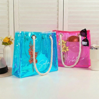 Custom Name Birth Flower Neon Color Tote Bag, Transparent PVC Beach Bag with Rope Handles, Bridal Shower Favor, Vacation/Birthday Gift for Women/Girls