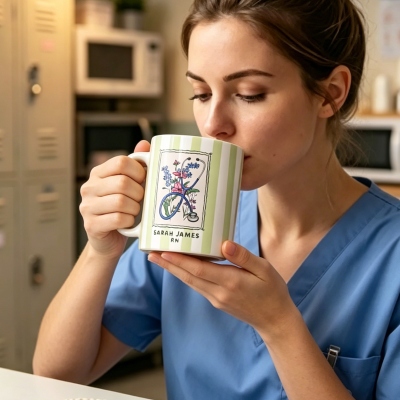 Custom Nurse Floral Stethoscope Striped Mug with Name, RN 11oz/15oz Two Tone Ceramic Coffee Mug, Appreciation/Graduation Gift for Nurses/Medical Staff
