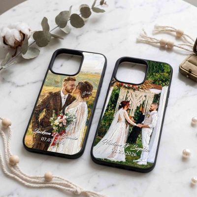 Personalized Oil Painting Couple Portrait Phone Case, Custom Names & Date Wedding Photo TPU Phone Case for iPhone, Anniversary/Wedding Gift for Couple