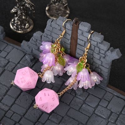 Handmade 3D Printed Resin D20 Dice Dangle Earrings, Gradient Bellflower Floral Drop Earrings, Lightweight DND Jewelry for Ren Faire & Fantasy Lovers
