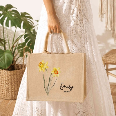 Personalized Name & Title Birth Flower Tote Bag, Large Capacity Jute Handbag, Bridal Shower Favor, Birthday/Wedding Gift for Her/Women/Bridesmaids